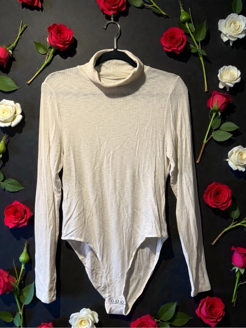 Aerie Off-White Ribbed Turtleneck Long-Sleeve Bodysuit